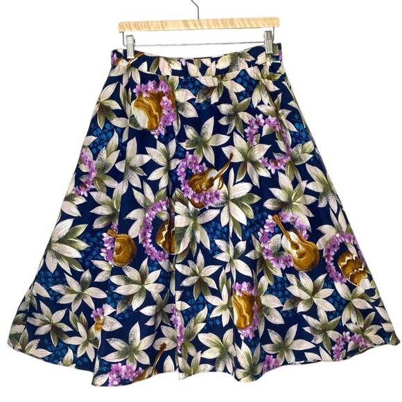 Amazing Vintage Hilo Hattie Hawaiian Midi Skirt Size M UKELELES ON THE BEACH! - Picture 1 of 6